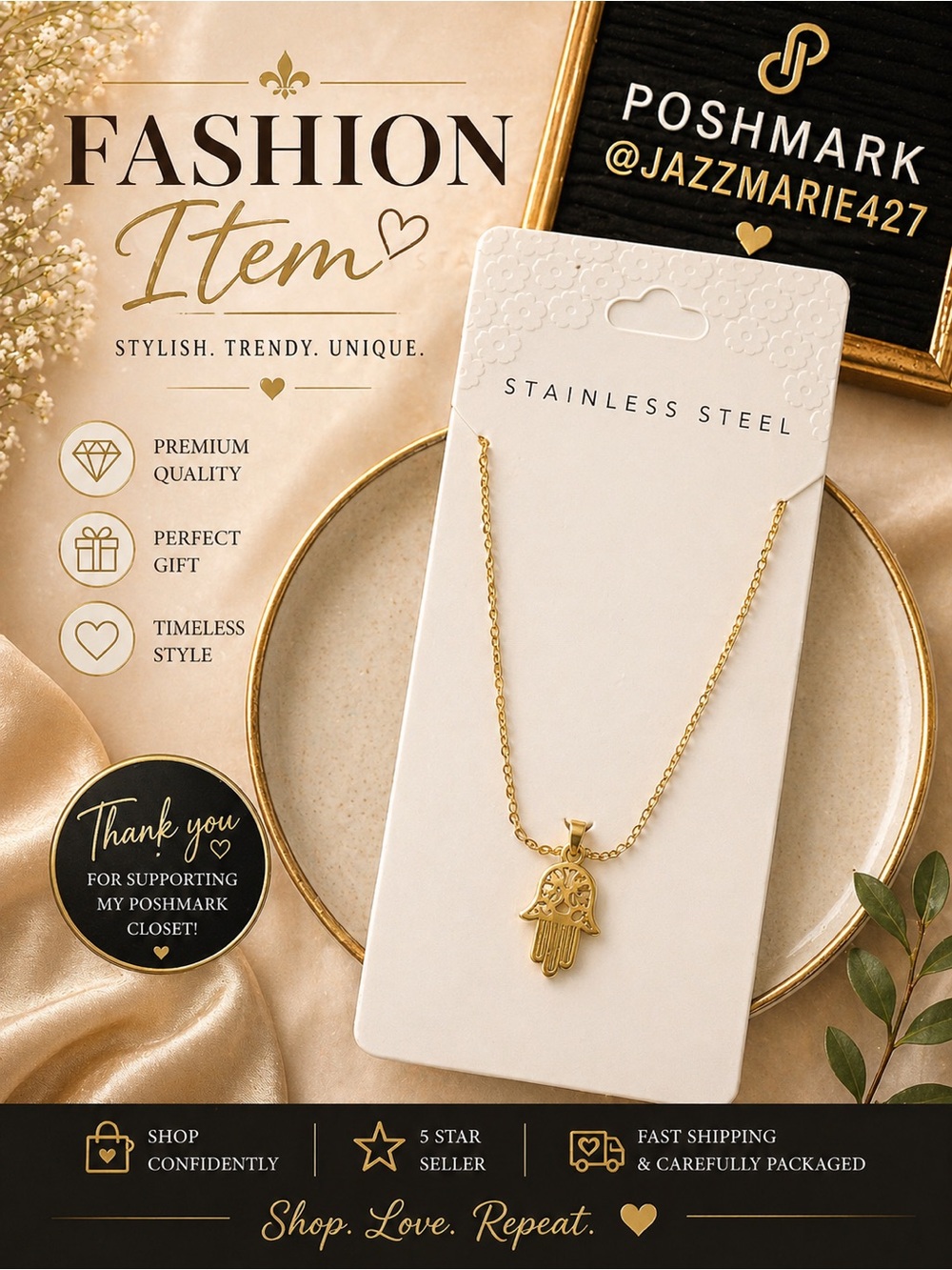 Stainless Steel Gold Hamsa Hand Pendant Necklace - Fashion Item